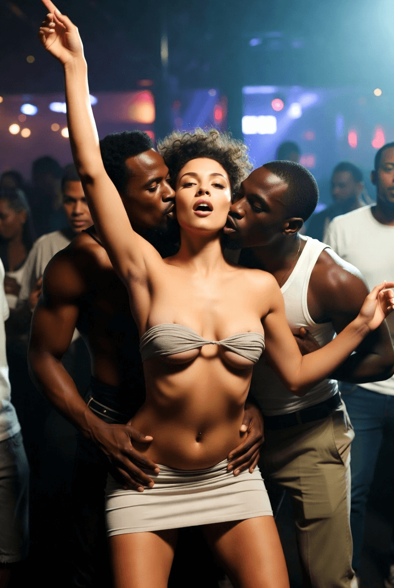 Beautiful lady dances with two black guys at a party