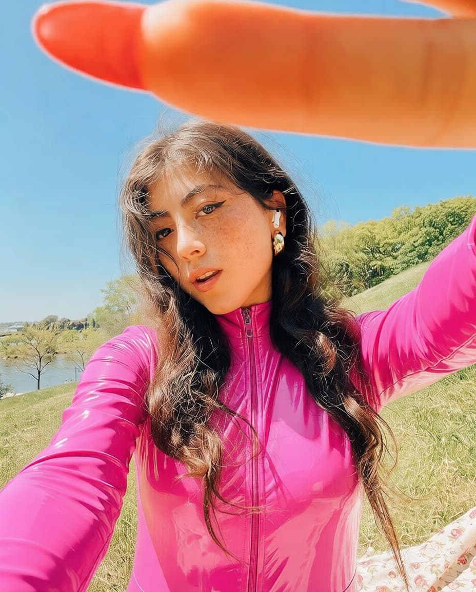 Twitch streamer thewildlatina in a pink vinyl catsuit