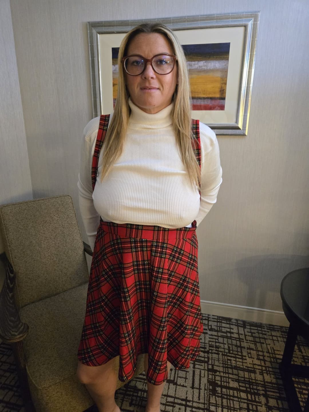 Married neighbor in plaid skirt