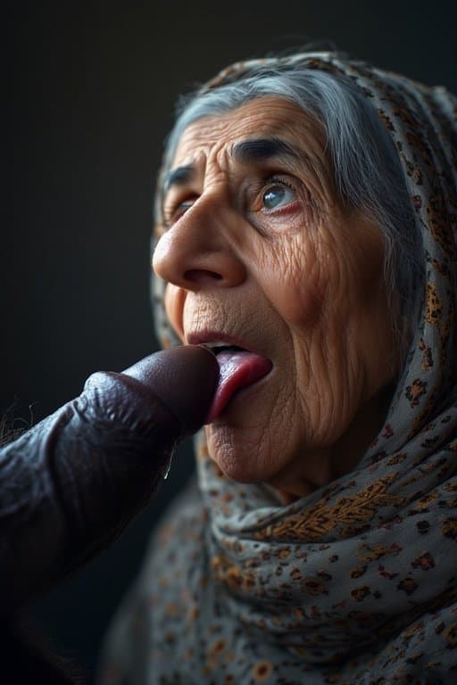 Prompt: Portrait of a 66 year old Iraqi Female/Woman  sticking Her tongue out saliva drippy from her