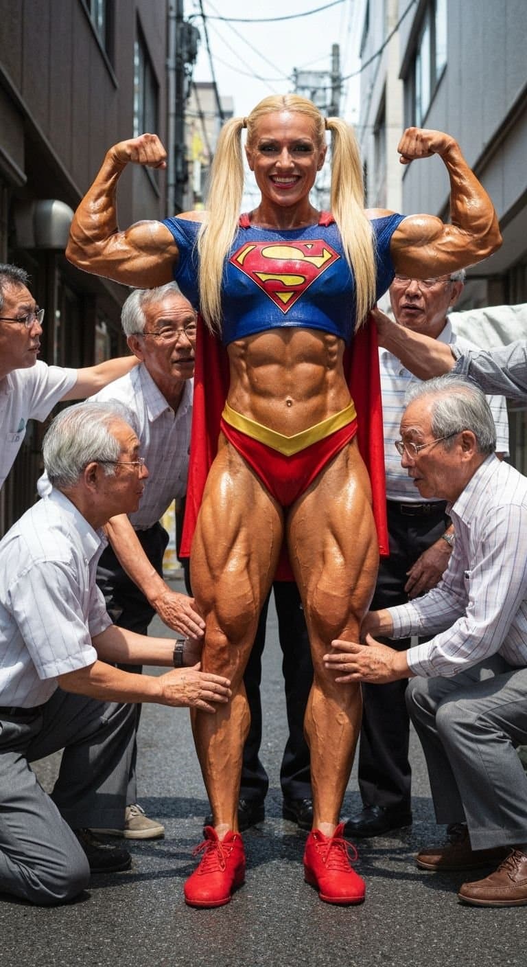 Supergirl at Tokyo! Supergirl em Tóquio! Female Muscle! Asian males and white female!