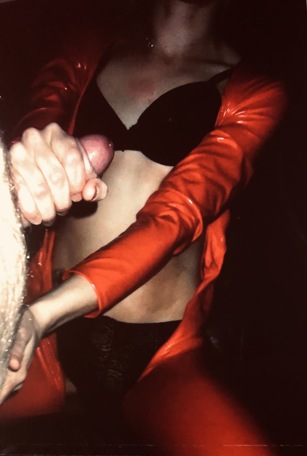 English milf in red pvc cat suit and black high heels  . uk milf in  Black lace panties pussy play