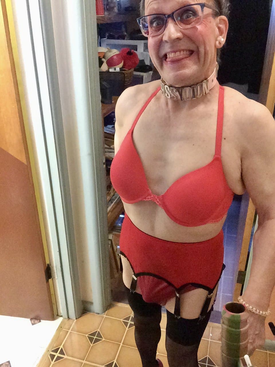 Red garterbelt, red bra and panties