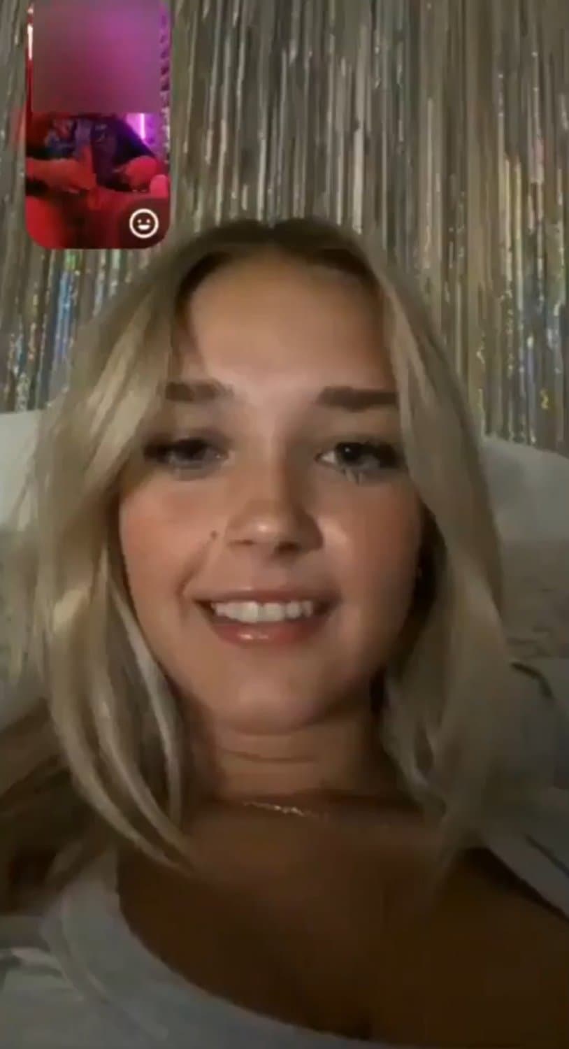 Pretty blonde happy to make him cum by showing her boobs and sticking out her tongue