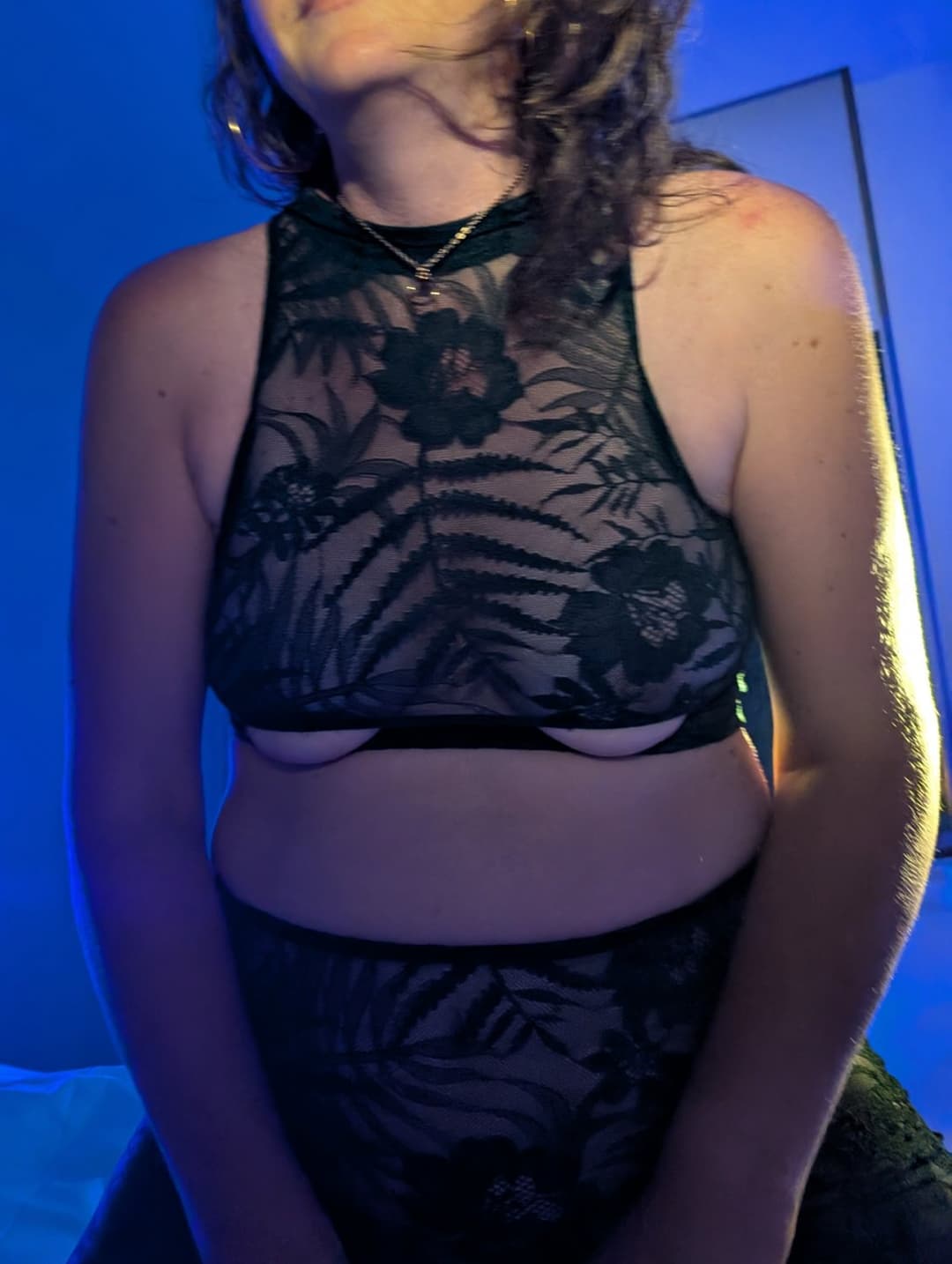 Click to view full size Dirty Blonde hotwife showing tits and ass with her new lingerie while smoke