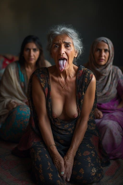 Prompt: Portrait of a 66 year old Iraqi Female/Woman  sticking Her tongue out saliva drippy from her