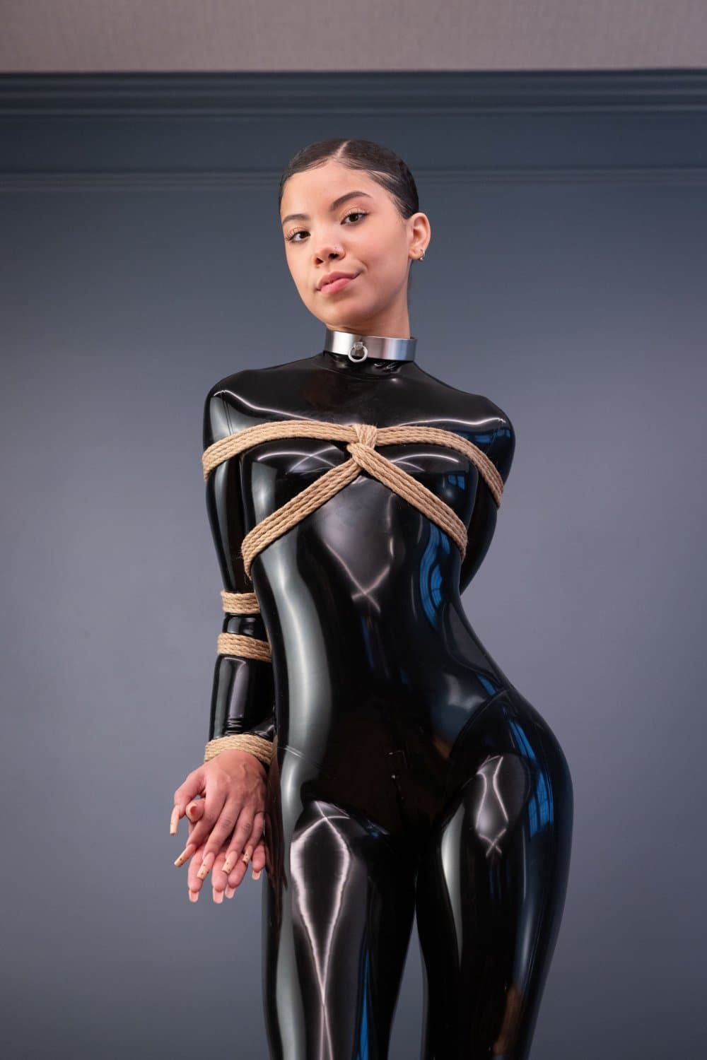 Shweetie  cute ebony latex girl in soft bondage