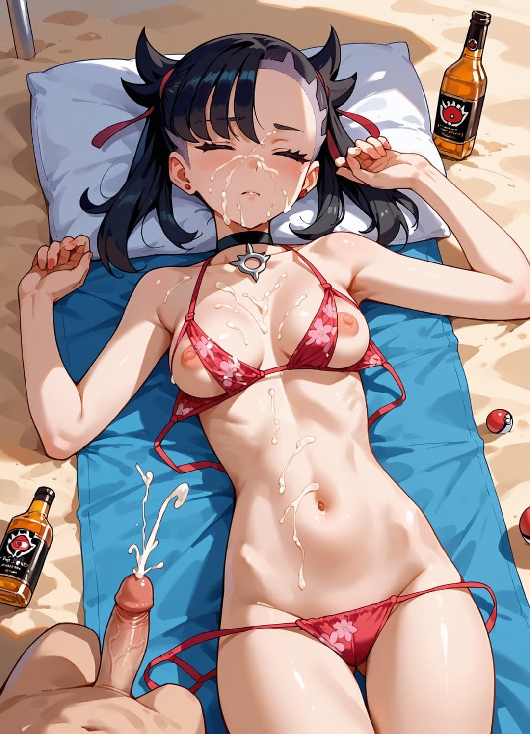 Pokémon girls anime AI sleeping beach