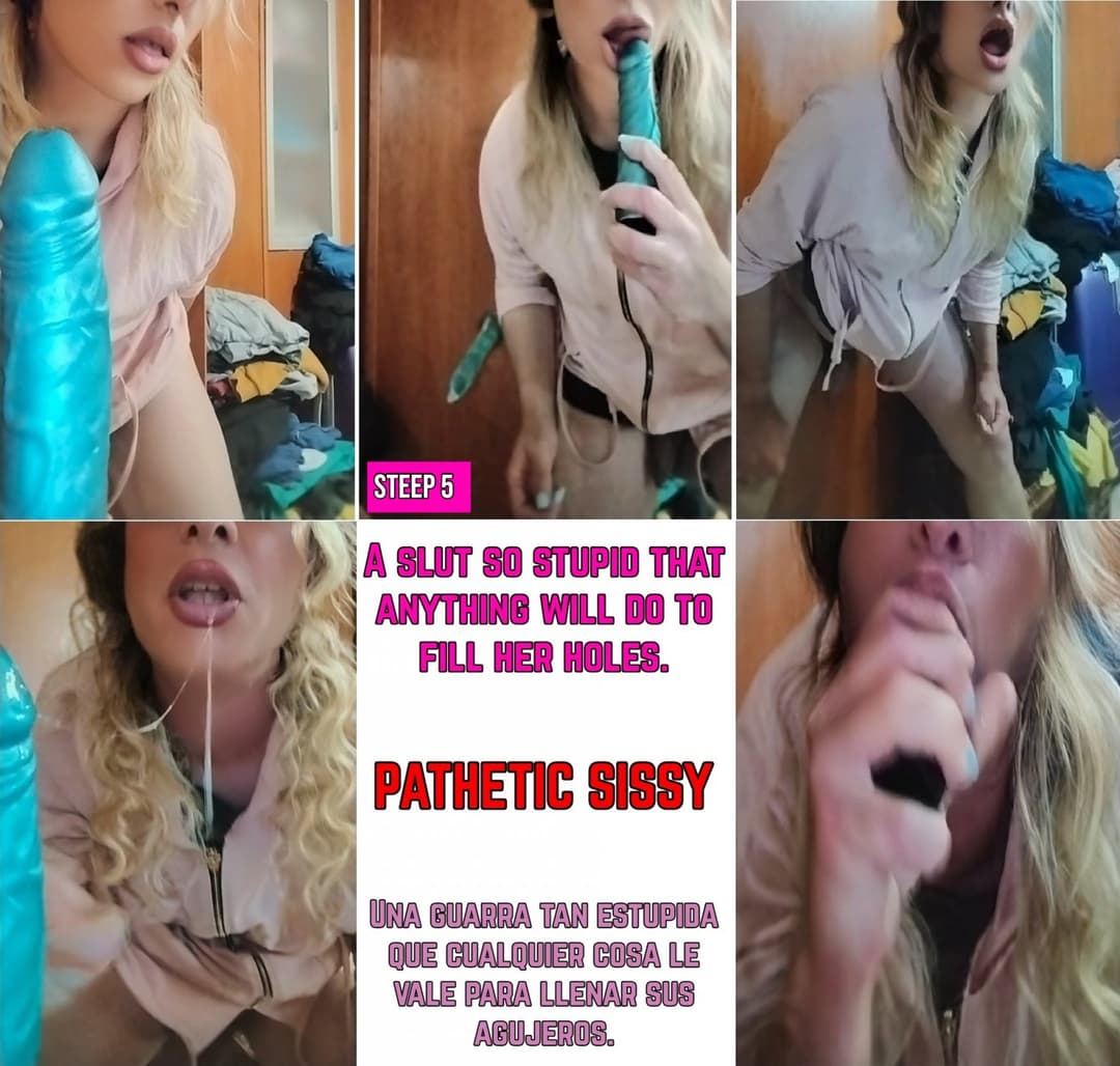 Sissy Blonde Femboy - DeepThroat with Dildos and Exposure!!! (Step by step towards degradation)