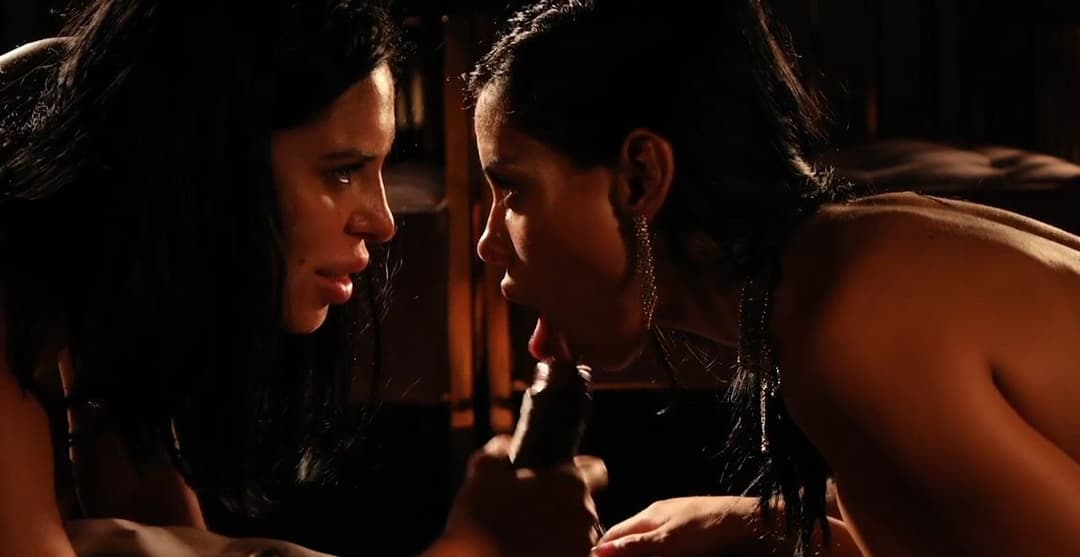 Frames of threesome between Aaron Rock, Canela Skin and Kira Queen