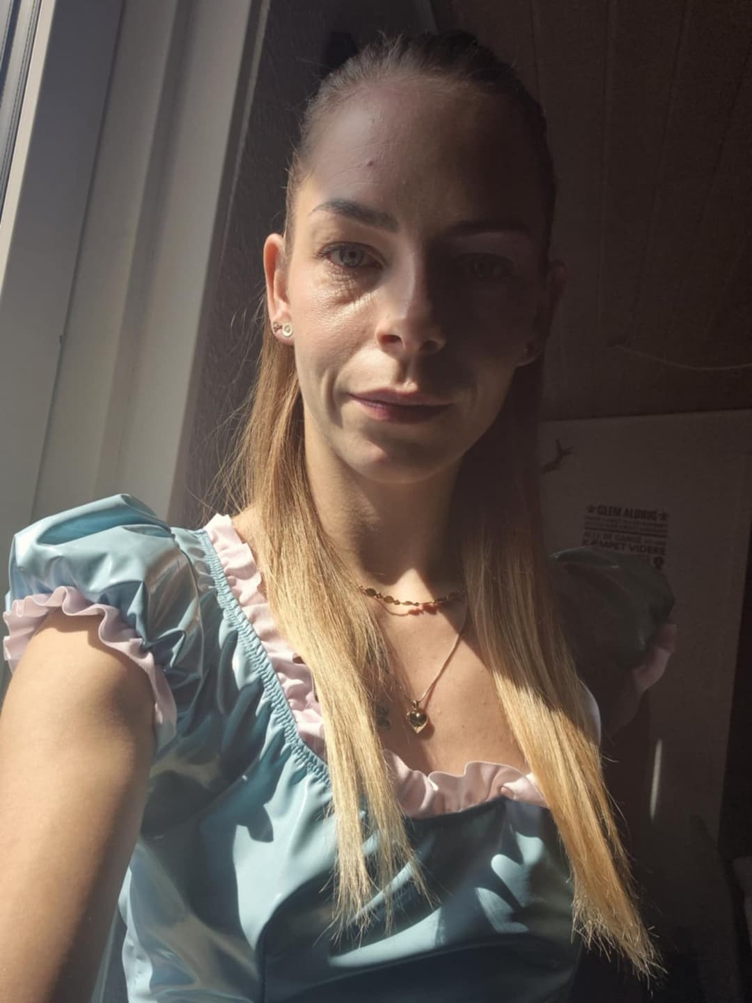 GF in baby blue vinyl dress