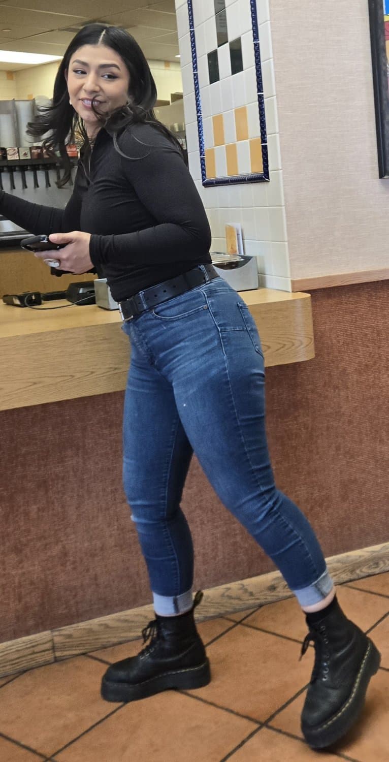 Candid Latina in line for food