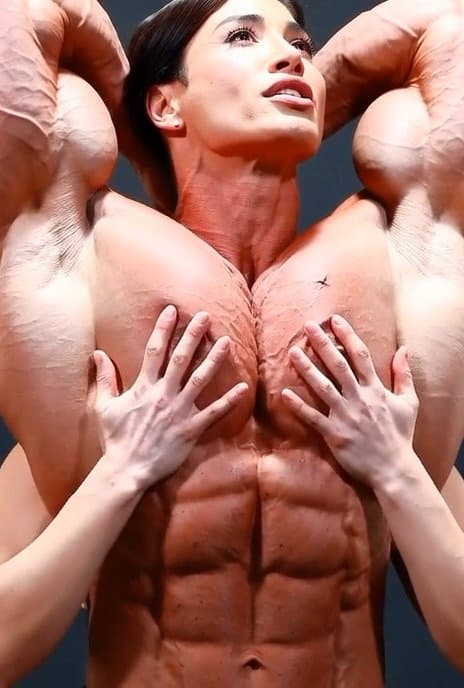 Wild lesbian orgy around her naked roided muscles