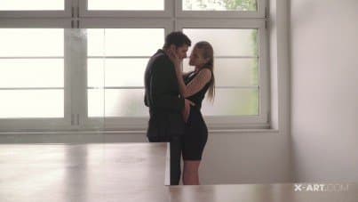 
boys share a skinny beauty in red lingerie