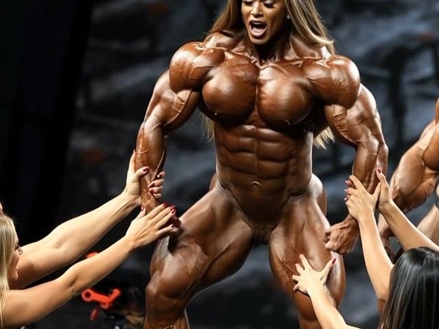 Click to view full size The naked bodybuilding show now is turning to a wild lesbian muscle orgy
