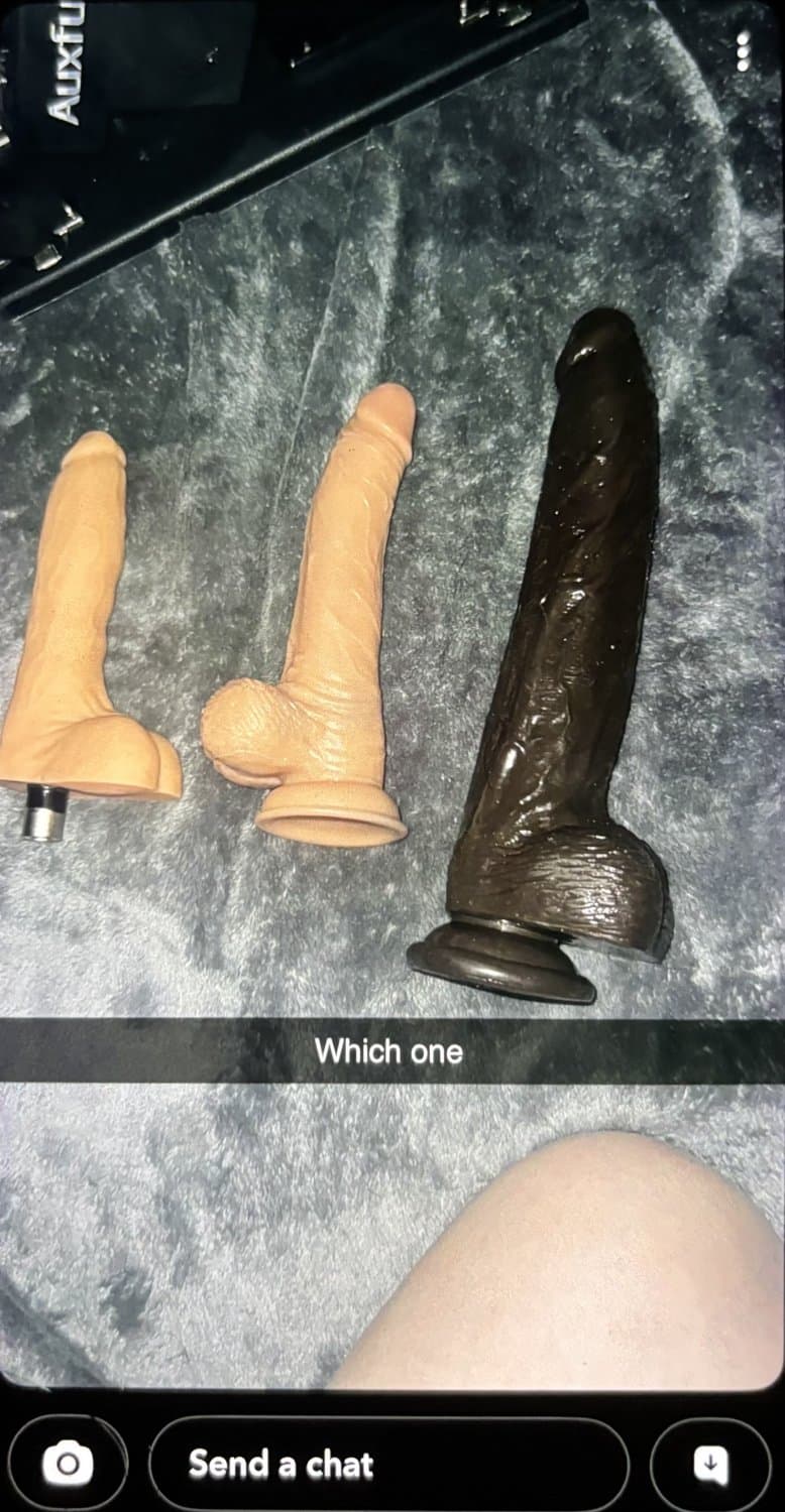 Click to view full size Big Tits Snapchat Slut Playing with all her dildo sizes! She loves her bbc. Titty fuck leaked nudes